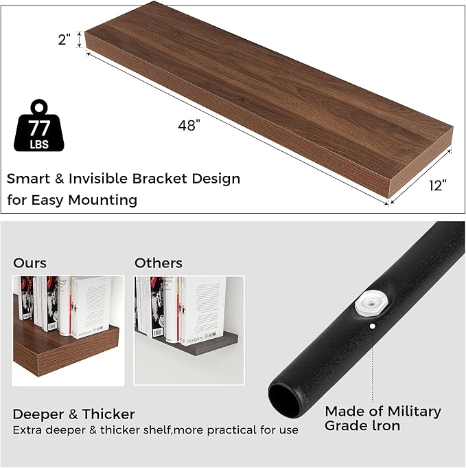 Floating Shelves for Wall, 48 Inch Wide x 12 Inch Deep Floating Shelves, Long Wood Floating Wall Shelf Shelves for Living Room Bathroom Bedroom Kitchen Home - (Walnut, 48