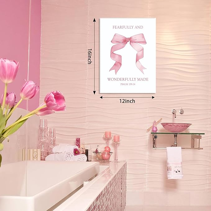 Coquette Pink Bow Wall Art Set of 3, Light Pink Bow Dorm Room Wall Decor Paintings, Inspirational Scripture Verses Canvas Posters Prints Pictures for Girls Dorm Room Bedroom Bathroom 12x16 Inch Framed