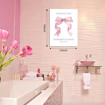 Coquette Pink Bow Wall Art Set of 3, Light Pink Bow Dorm Room Wall Decor Paintings, Inspirational Scripture Verses Canvas Posters Prints Pictures for Girls Dorm Room Bedroom Bathroom 12x16 Inch Framed