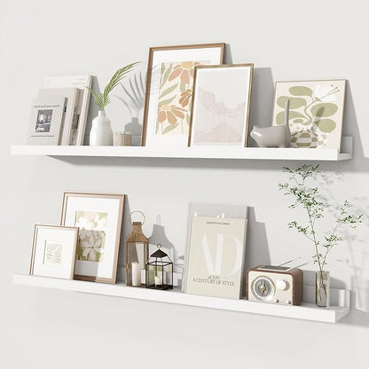 Fun Memories Picture Ledge Shelves Set of 2, 36 Inch Rustic Wall Mounted Floating Shelves with Lip for Home Storage and Décor in Bathroom, Kitchen, Nursery, Bedroom, Living Room, White