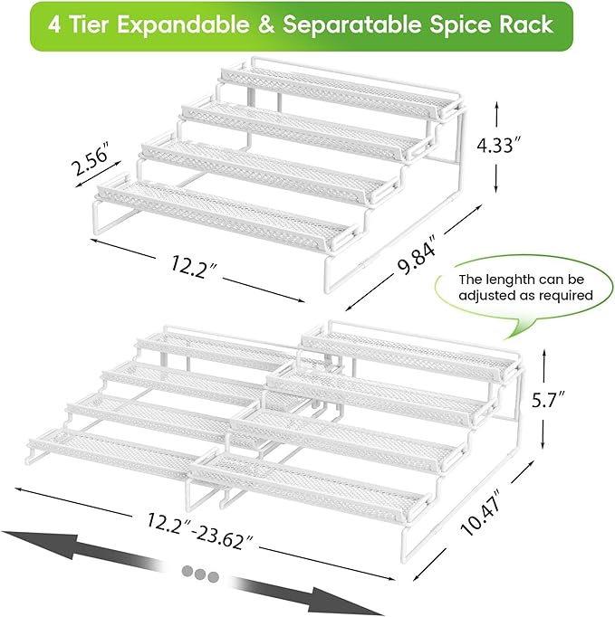 4 Tier Adjustable Spice Rack Organizer for Cabinet - White (2 PCS S&L) Expandable Spice Shelf with Protection Railing for Inside Cabinets, Countertop, Pantry Storage & Seasoning Organization