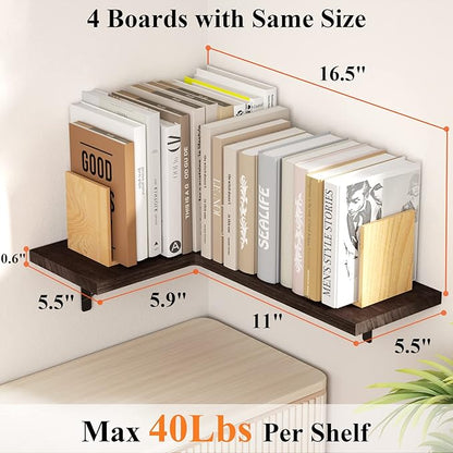 Love-KANKEI Corner Shelf Wall Mounted Set of 4, Floating Wall Shelves for Storage, Rustic Wood Hanging Shelves for Bathroom Kitchen Bedroom Living Room Display, Dark Brown