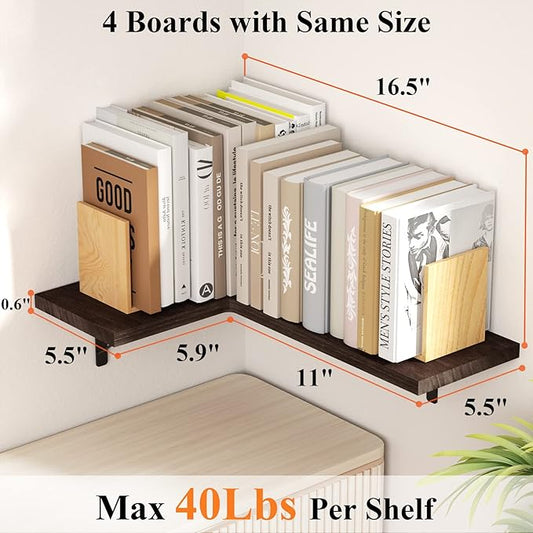 Love-KANKEI Corner Shelf Wall Mounted Set of 4, Floating Wall Shelves for Storage, Rustic Wood Hanging Shelves for Bathroom Kitchen Bedroom Living Room Display, Dark Brown