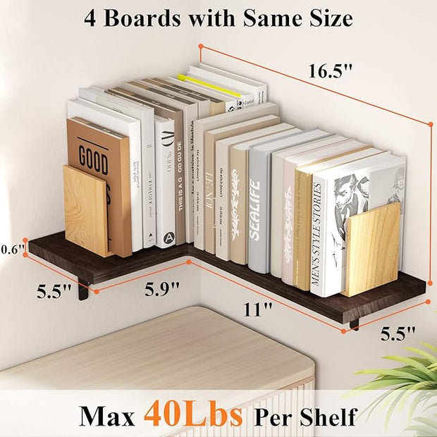 Love-KANKEI Corner Shelf Wall Mounted Set of 4, Floating Wall Shelves for Storage, Rustic Wood Hanging Shelves for Bathroom Kitchen Bedroom Living Room Display, Dark Brown