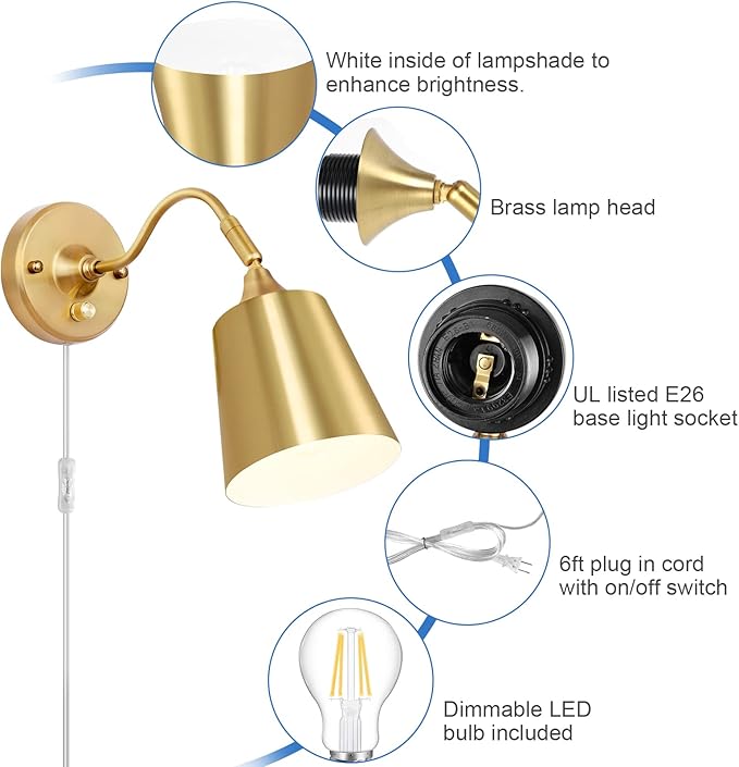 TRLIFE Wall Sconce Plug in, Dimmable Wall Sconces Adjustable Gold Wall Lights with Plug in Cord and Dimmer On/Off Knob Switch, Wall Mounted Light for Bedside Bedroom Stairway(2 Pack, 2 Bulbs Included)