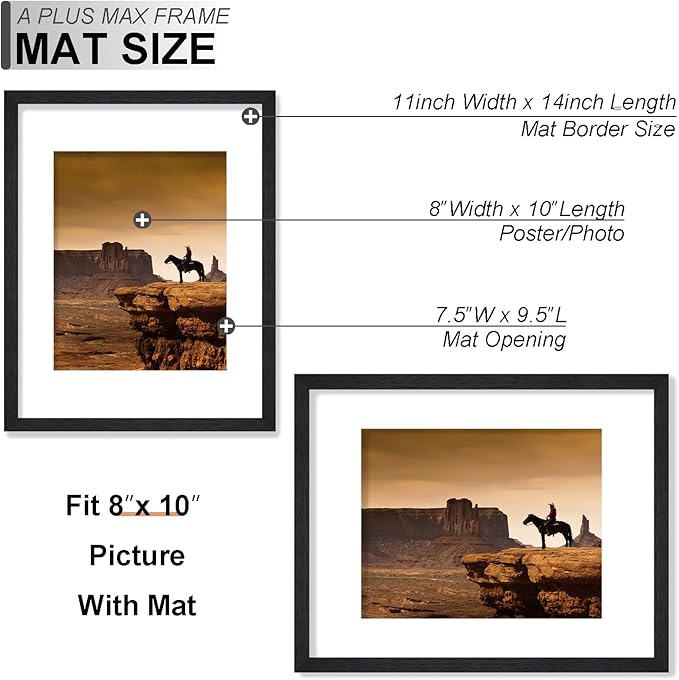 A PLUS MAX 11x14 Picture Frame Set of 6, Engineered Wood Frame Display Photo 8x10 with Mat or 11 x 14 without Mat, 11by14 Frame with Black Wood Grain for Wall - 6 Pack/Black/11 x14