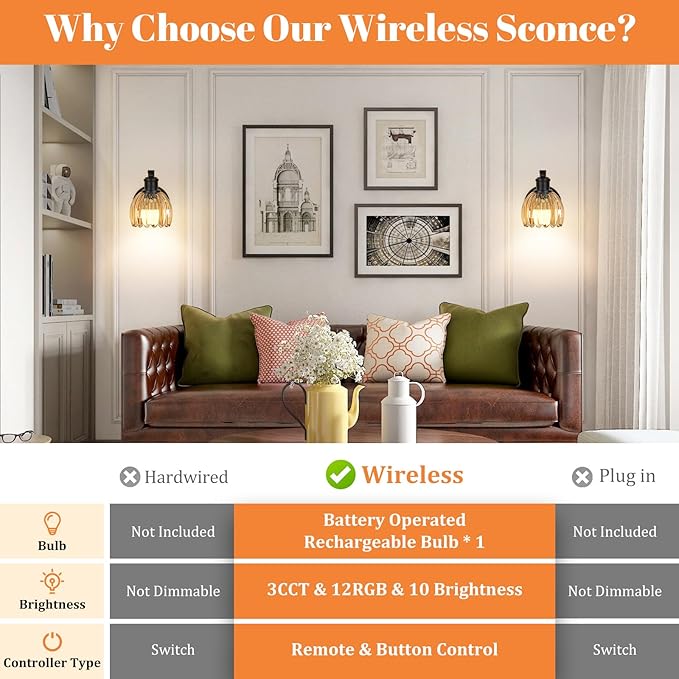 VerRon Rechargeable Battery Operated Wall Sconce with Amber Glass Lampshade, Wireless Wall Scone Decor with Remote Control, 15 Colors Black Wall Light for Bedside Hallway Bedroom Doorway
