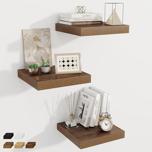 Fun Memories 12 Inch Square Floating Shelves 3 Pack - Wall Shelves with Invisible Brackets, Small Floating Shelves for Wall, Walnut Wood Shelves for Bathroom, Living Room, Bedroom, and Kitchen Decor