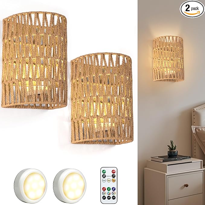 Boho Wall Decor Battery Operated Wall Sconce Set of 2, 18 RGB Colors Wall Lights Changeable Dimmable Wireless Wall Sconces for Bedroom Living Room Hallway, Natural Hemp Rope Boho Decor