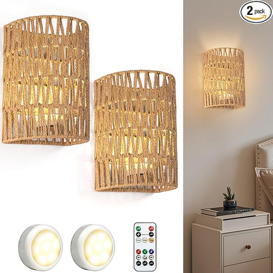 Boho Wall Decor Battery Operated Wall Sconce Set of 2, 18 RGB Colors Wall Lights Changeable Dimmable Wireless Wall Sconces for Bedroom Living Room Hallway, Natural Hemp Rope Boho Decor