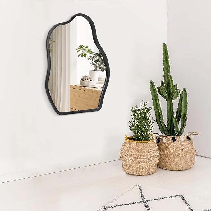 Wall Mirror Irregular Wavy Mirror Modern Wood Frame Mirror Unique Shape Asymmetrical Wall Vanity Artistic Mirror Decor for Living Room Bedroom Bathroom Entryway Hallway Black Large