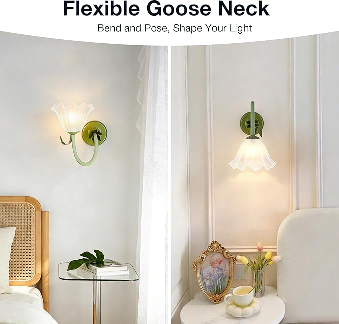 Battery Operated Cordless Flower Wall Sconce Set of 2 (Green), Stepless Dimming Magnetic Wireless Wall Lamp, 5200mAh Rechargeable Battery, for Living Room Bedroom Hallway Corridor