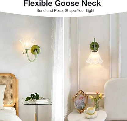 Battery Operated Cordless Flower Wall Sconce Set of 2 (Green), Stepless Dimming Magnetic Wireless Wall Lamp, 5200mAh Rechargeable Battery, for Living Room Bedroom Hallway Corridor