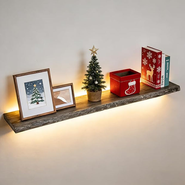 Fun Memories Floating Shelves for Wall, 48"x9.3" Rustic Solid Live-Edge Elm Wood Wall Shelves, Heavy-Duty Floating Shelves with Invisible Brackets for Living Room, Bedroom, and Kitchen, Grey Finish