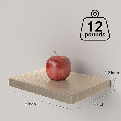Small Floating Shelves for Wall - 12 x 9 Inch Natural Wood Shelves for Bedroom, Living Room, Bathroom, Kitchen, Office Decor Set of 3