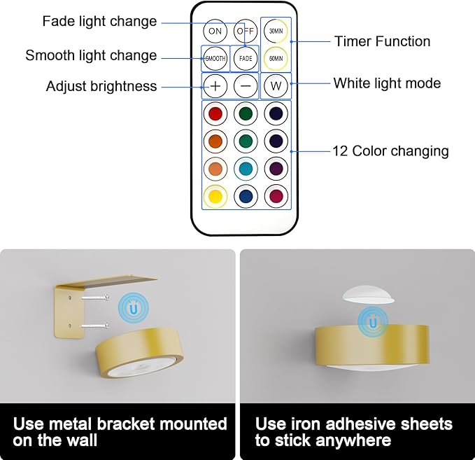 3 Pack Picture Lights for Wall, 13 RGB Color Rechargeable Battery Operated wall lights, Picture Frame lights with 3 Lighting Modes, Wireless Magnetic Painting Light with Remote Control Timer (Golden)