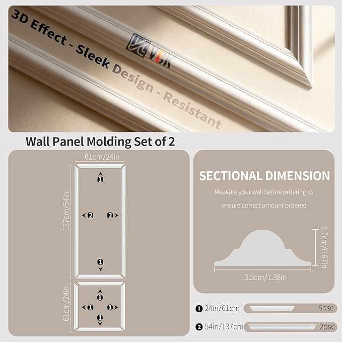VCK Pre-Cut Wall Molding Kit, Set of 2 | 3D Ready-to-Assemble Wainscoting Panels for Accent Wall Decor | Easy Glue Installation for Living Room, Bedroom (1 Top & 1 Bottom)