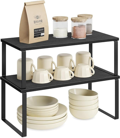 SONGMICS Cabinet Organizer Shelf, Set of 2 Kitchen Counter Shelves, Kitchen Storage, Spice Rack, Stackable, Expandable, Metal and Engineered Wood, Ink Black and Charcoal Black UKCS025B01
