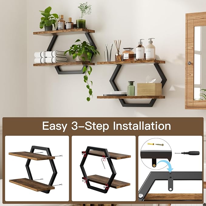 Floating Shelf- Floating Shelf for Wall Set of 2, 2 Tier Shelves for Wall for Bathroom, Bedroom, Toilet, Kitchen, Living Room, Office, Rustic Brown