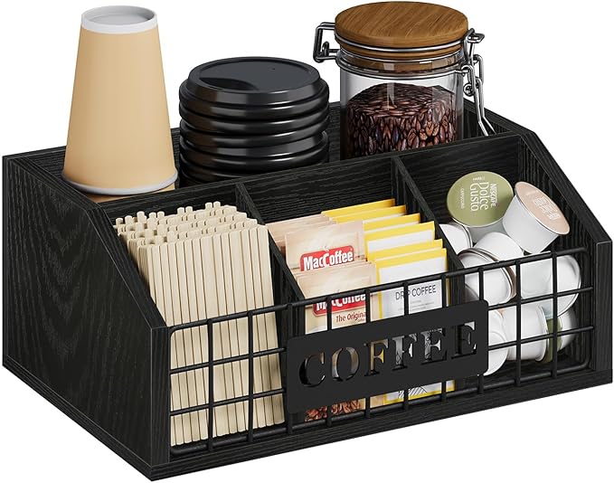 YINMIT Coffee Station Organizer for Countertop, Wood Coffee Bar Organizer with Removable Dividers for Pods, Syrup, Cups, Stirrer, Tea - Office Bar Accessories, Iron Wire-Black