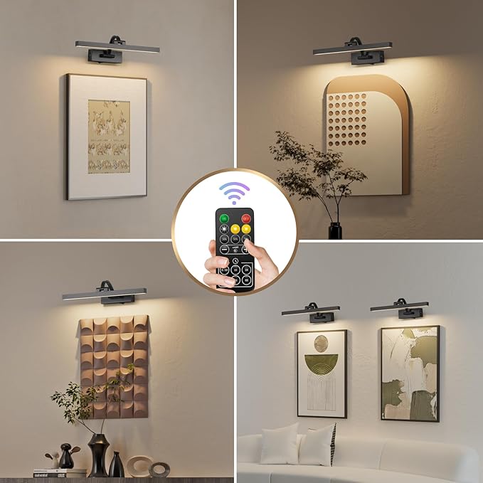 LED Wireless Picture Light with Remote Control,USB Rechargeable Battery Powered Art Lamps,Dimmable,270° Rotate,Timing,15.5 Inch Black Wall Lights for Paintings,Picture Frame,Gallery