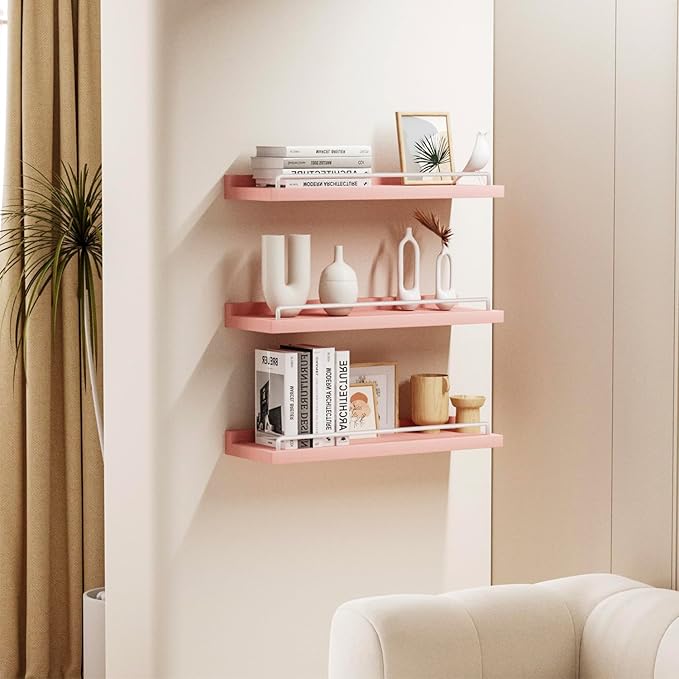 Pink and White Floating Shelves, Kawaii Room Decor Wall Shelves - Set of 3 for Living Room, Bedroom, Kitchen, Picture Frames, Plants