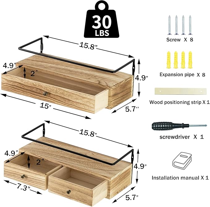 2-Pack Rustic Floating Shelves with Drawer, Wall Mounted Bathroom Shelf, 15.8 Inch Long, Brown Wood & Metal, 30 lbs Capacity
