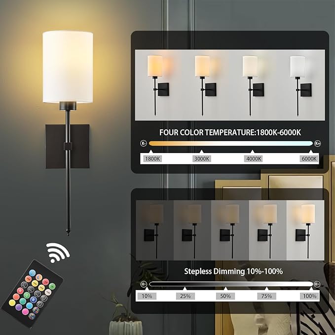 Battery Operated Wall Sconce Set of Two, Wireless Rechargeable Wall Light with Remote Control, Dimmable, 4 Color Temperatures, RGB, Timer, for Living Room,Bedroom,Entryway, Black, 20.6 Inch