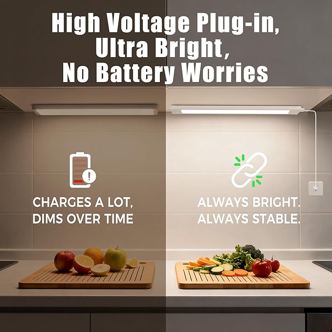 3 Pack Plug in Under Cabinet Lighting for Kitchen, 6500k Bright Under Counter Lights for Shelf/Workbench/Bookshelf/Over Sink, 14inch Linkable 110V LED Light Bar