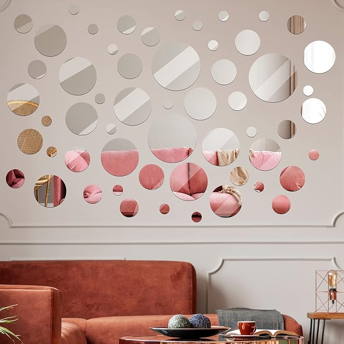 Jetec 56 Pcs Real Glass Round Mirror Tiles Frameless Wall Glass Tiles Round Wall-Mount Mirrors with Acrylic Double Sided Adhesive for Bedroom Bathroom Craft(2/3/4/6/8/10 Inch)
