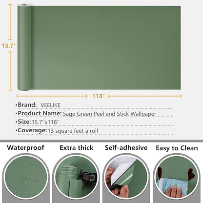 VEELIKE 15.7''x118'' Thick Sage Green Contact Paper for Cabinets Walls Peel and Stick Removable Green Wallpaper for Bedroom Bathroom Waterproof Self Adhesive Green Wall Paper for Kitchen Counter Vinyl