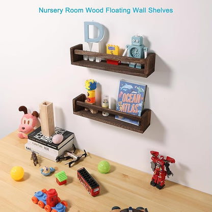 Nursery Book Shelves, Set of 2 Wood Floating Book Shelves for Kids Room, Kitchen Spice Rack, or Rustic Wall Mounted Shelves for Farmhouse Bathroom Décor (Carbon Brown)