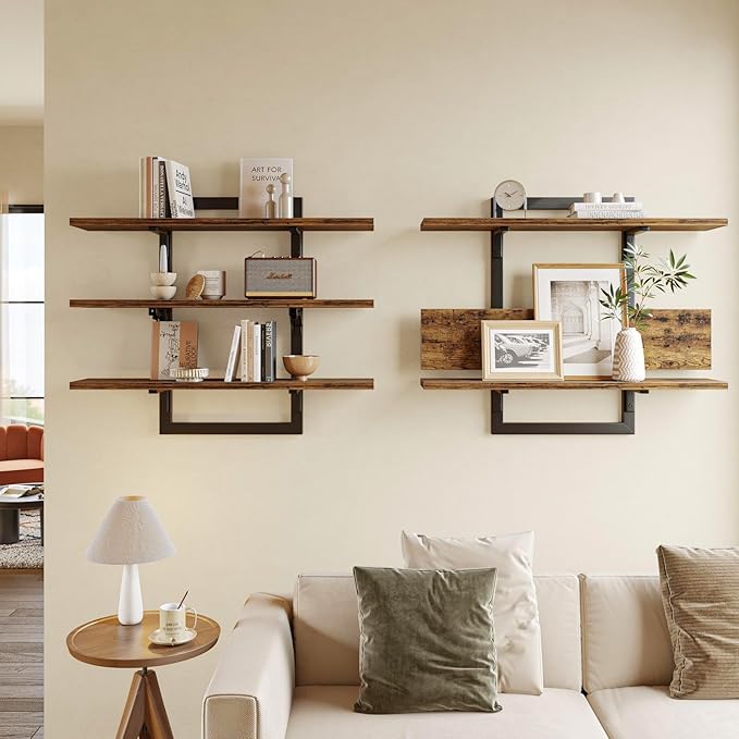 Bestier Floating Shelves for Wall, 32 inch Kitchen Shelves Wall Mounted, 3 Tier Coffee Bar Shelf with Foldable Brackets, Industrial Display Shelf for Bathroom, Living Room, Rustic Brown