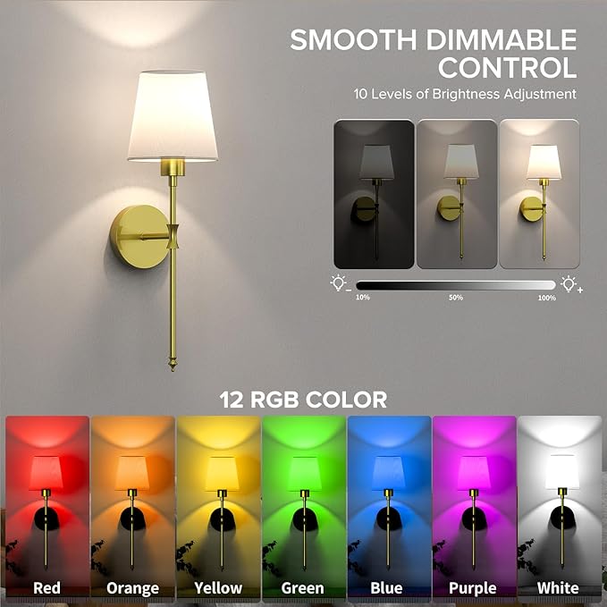 Stylish Battery Operated Wall Sconce, Set of 2 Wireless Wall Lights for Bedroom and Living Room, Remote-Controlled Wall Lamps with 12 Color Modes for Cozy Ambiance (Golden)