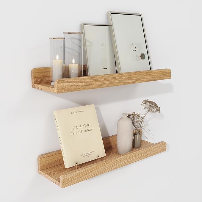 Floating Shelves for Wall - Natural Wood Picture Ledge Shelf Set of 2 - Solid Ash Wood Wall Shelves with Lip - Picture Frame Shelf Nursery Bookshelf