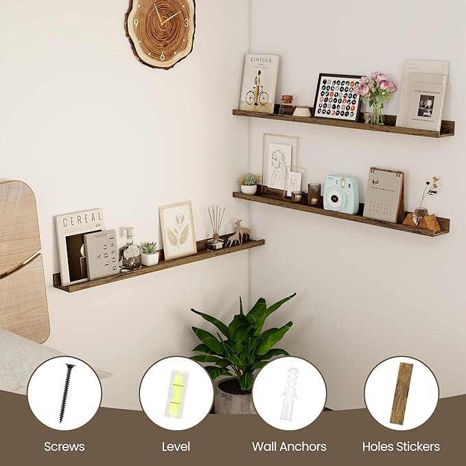 Axeman 36 Inch Floating Shelves | Picture Ledge Shelf Set of 2 | Rustic Brown Wall Shelves with Lip | Brown Picture Shelf for Wall with Ledge | Photo Ledges 36 Inch