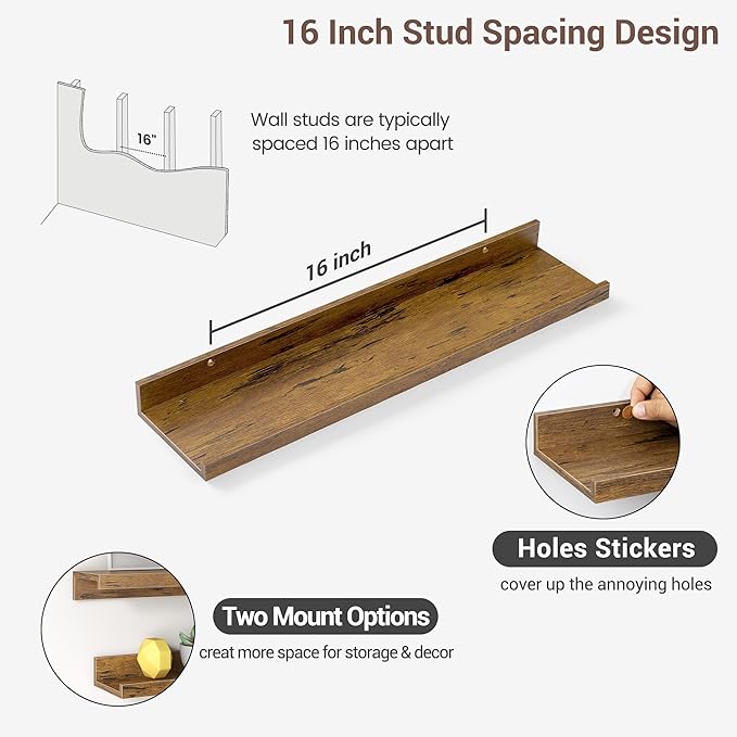 Axeman Picture Ledge Shelf | 24 Inch Brown Floating Shelves Set of 3 | Rustic Brown Wood Wall Shelves with Lip | 24
