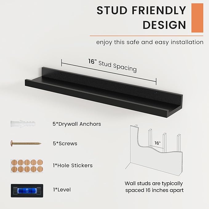 Picture Ledge Shelf, Floating Shelves Set of 2, 24 Inches Nursery Book Shelves for Toys Storage, Kids Bookshelf Wall Mounted for Living Room Bedroom Decor Books Photo Frames, Black