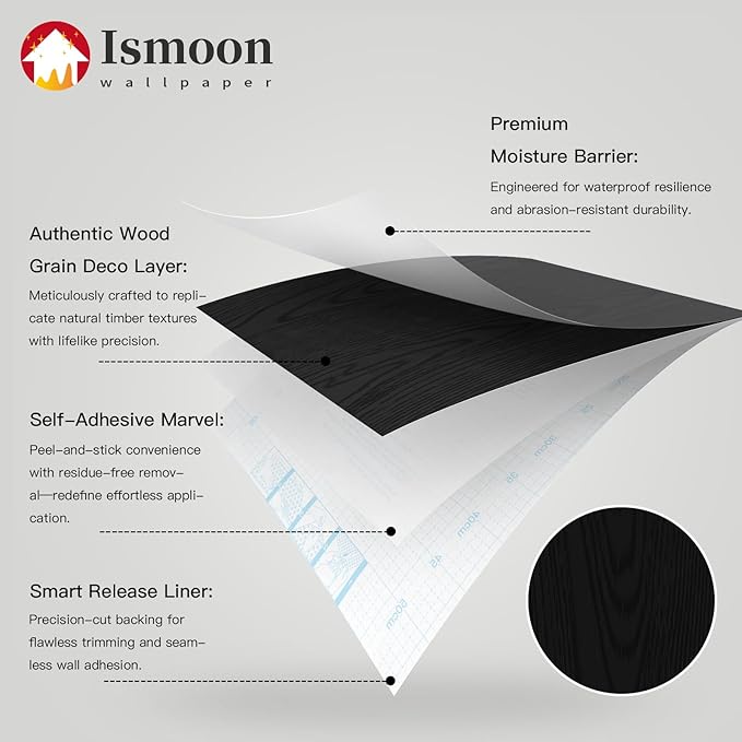 Ismoon Black Contact Paper Peel and Stick Wallpaper 17.5''x472''Wood Grain Contact Paper for Cabinets and Drawers Removable Self-Adhesive Modern Renter Friendly Wallpaper for Desk Countertops Vinyl