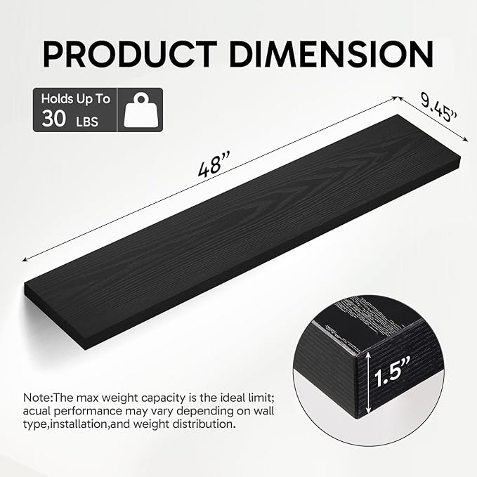 BAYKA Floating Shelves, 48 inches Long Heavy Duty Wall Mounted Rustic Wood Shelves for Bathroom, Bedroom, Living Room, Kitchen, Office, Hanging Shelf for Books/Storage/Decor(Black,Set of 2)