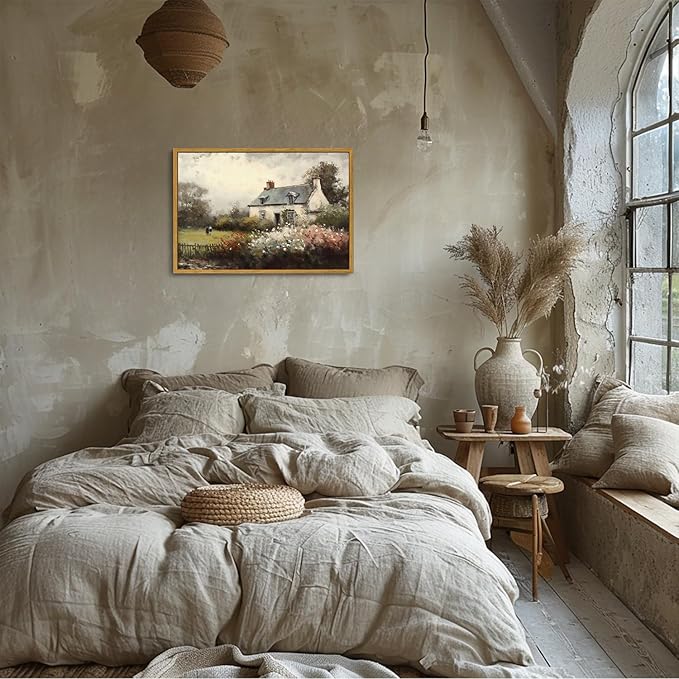 OIQArtOIQ Vintage Landscape Canvas Wall Art Framed Natural Scenery Painting Artwork Prints France Country Wilderness Farmhouse Decor Pictures Kitchen Bedroom Living Room Bathroom
