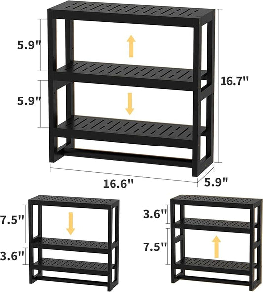 Bathroom Shelves with Hanging Bar Over Toilet Storage - Adjustable Wall Organizer (Black)