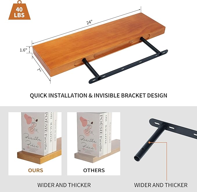 Floating Shelves for Wall 24 Inch Solid Real Wood Shelves Set of 2 Rustic Farmhouse Wall Mounted Wood Shelf for Bedroom Living Room Bathroom Kitchen Home Decor Office