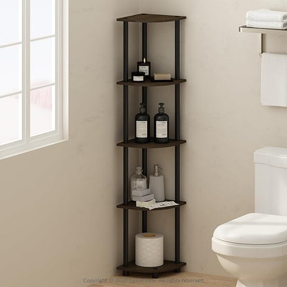 Furinno Turn-N-Tube Storage Shelves, 5-Tier Book Shelf, Corner Shelf, Toolless Open Shelves, for Organization and Storage, Living Room, Home Office, Hallway, Bedroom, Dark Brown Grain