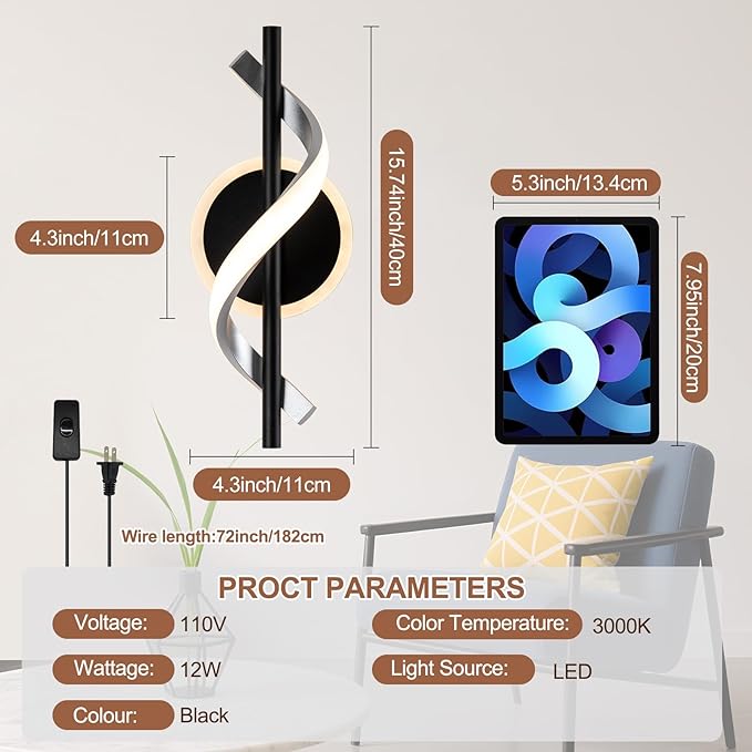 Black Plug in Wall Sconces Sets of 2, 12W Modern Spiral LED Wall Lamp, 3000K Warm White Wall Light Fixture for Stairs Living Room Bedroom Aisle Hallway