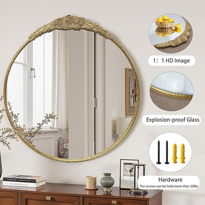 Growsun Round Wall Mirror with Vintage Gold Floral Frame – 24 Inch Decorative Wall Mirror for Living Room, Bedroom, Entryway, Bathroom Vanity – Elegant Antique Accent Home Décor