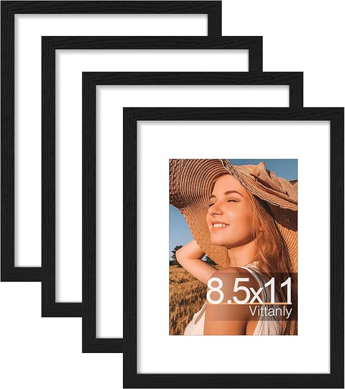 Vittanly 8.5x11 Picture Frames Set of 4, Display Pictures 6x8 with Mat or 8.5x11 without Mat, Gallery Wall Frame Set for Wall Mounting, Engineered Wood with Shatter Resistant Plexiglass, Black