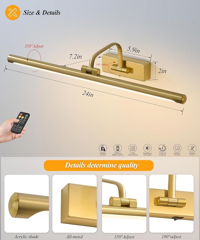 Picture Lights for Wall Battery Operated, Rechargeable Light for Pictures with Remote & Timer, Gold Art Light for Paintings 24 Inch Wireless Dimmable Cordless Gallery Frame Lights with 3CCT