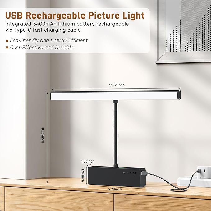 Picture Light, 15.35inch Wireless Picture Lights for Wall Rechargeable, 5400mAh Battery Wall Light with Remote, 3 Color Art Lighting for Paintings with Timer and Dimmable for Display, Gallery (Black)