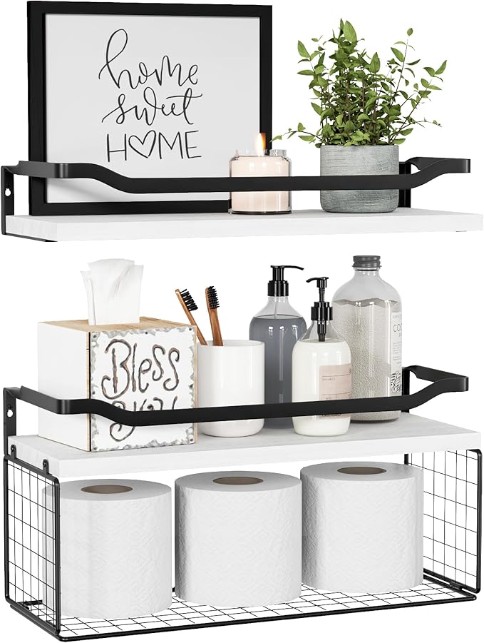 WOPITUES Floating Shelves with Wire Storage Basket, Bathroom Shelves Over Toilet with Protective Metal Guardrail, Wood Wall Shelves for Bathroom Organizers and Storage, Toilet Paper-White